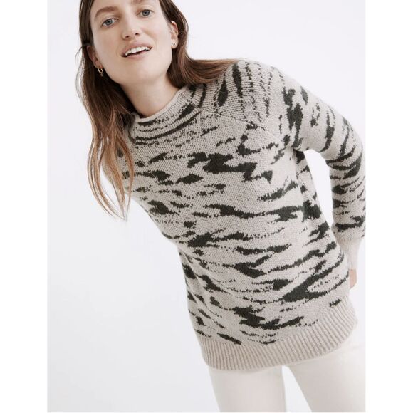 MADEWELL Thornton Mockneck Pullover Animal Print Green Beige Sweater Womens XS - Picture 1 of 10